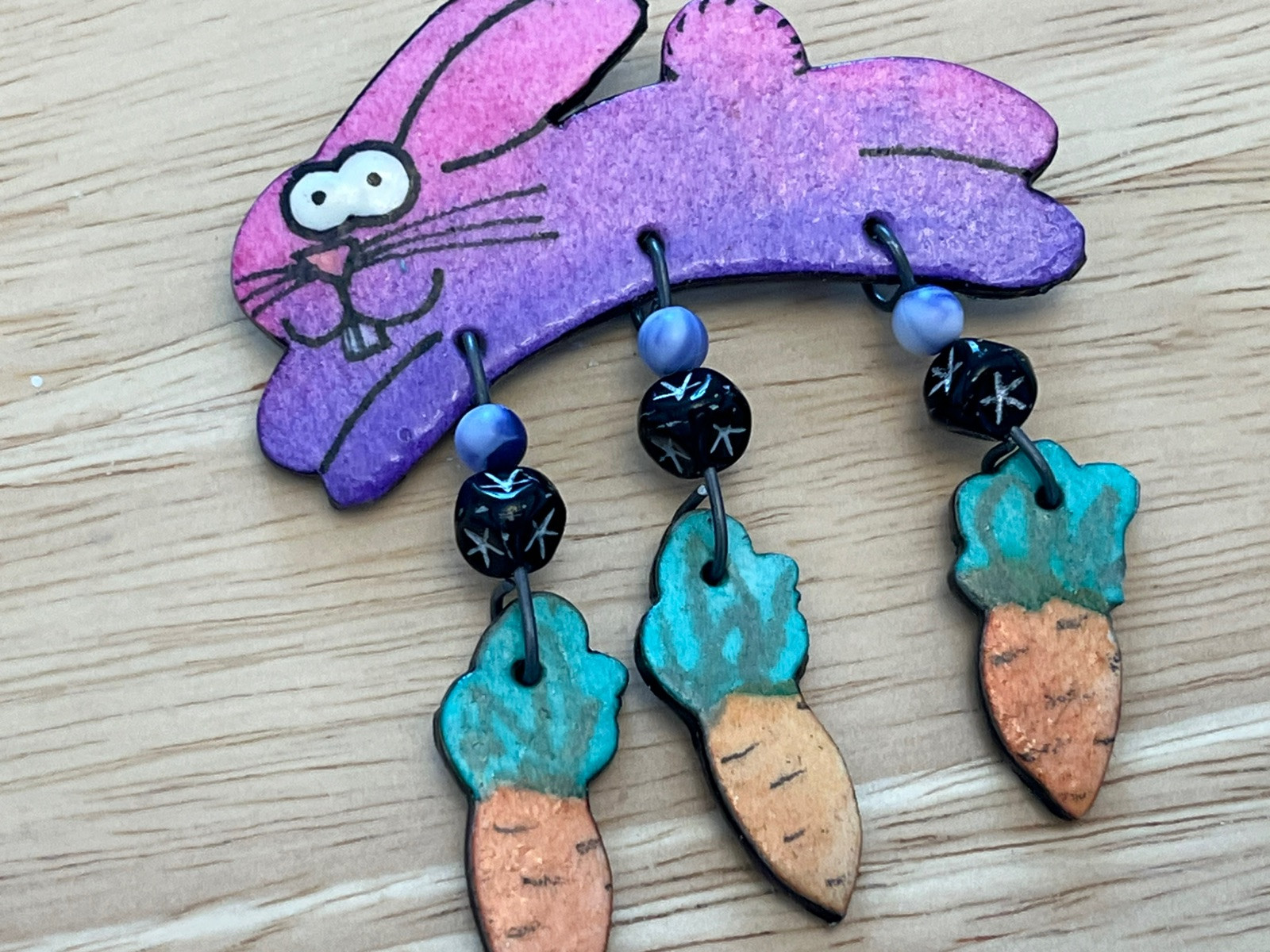 Signed Vtg Hand Crafted Paper Jewelry Artisan Made Mod Boho Bunny Carrots Pin