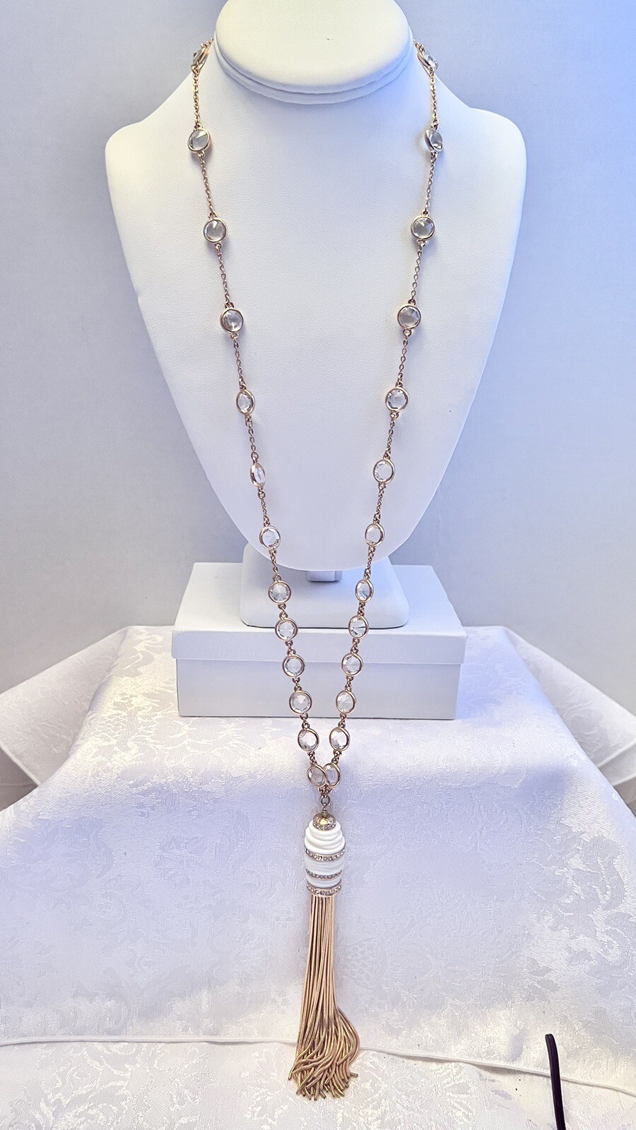 Vintage Henri Bendel Rose Gold Tone Glass Tassel Necklace 32 Inches Rhinestones