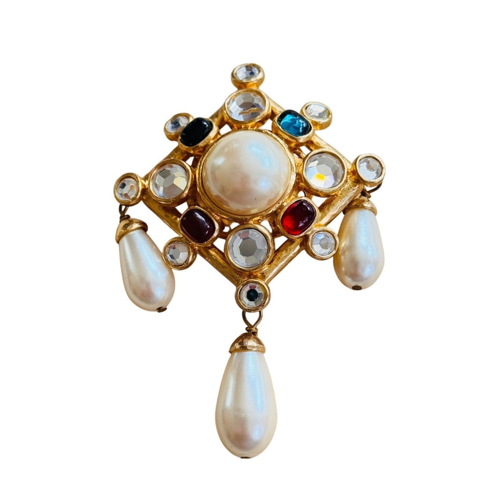VTG Gripoix Style Regal Tassel Pearl Brooch Pin Chandelier Gold Cabochon 80s Big