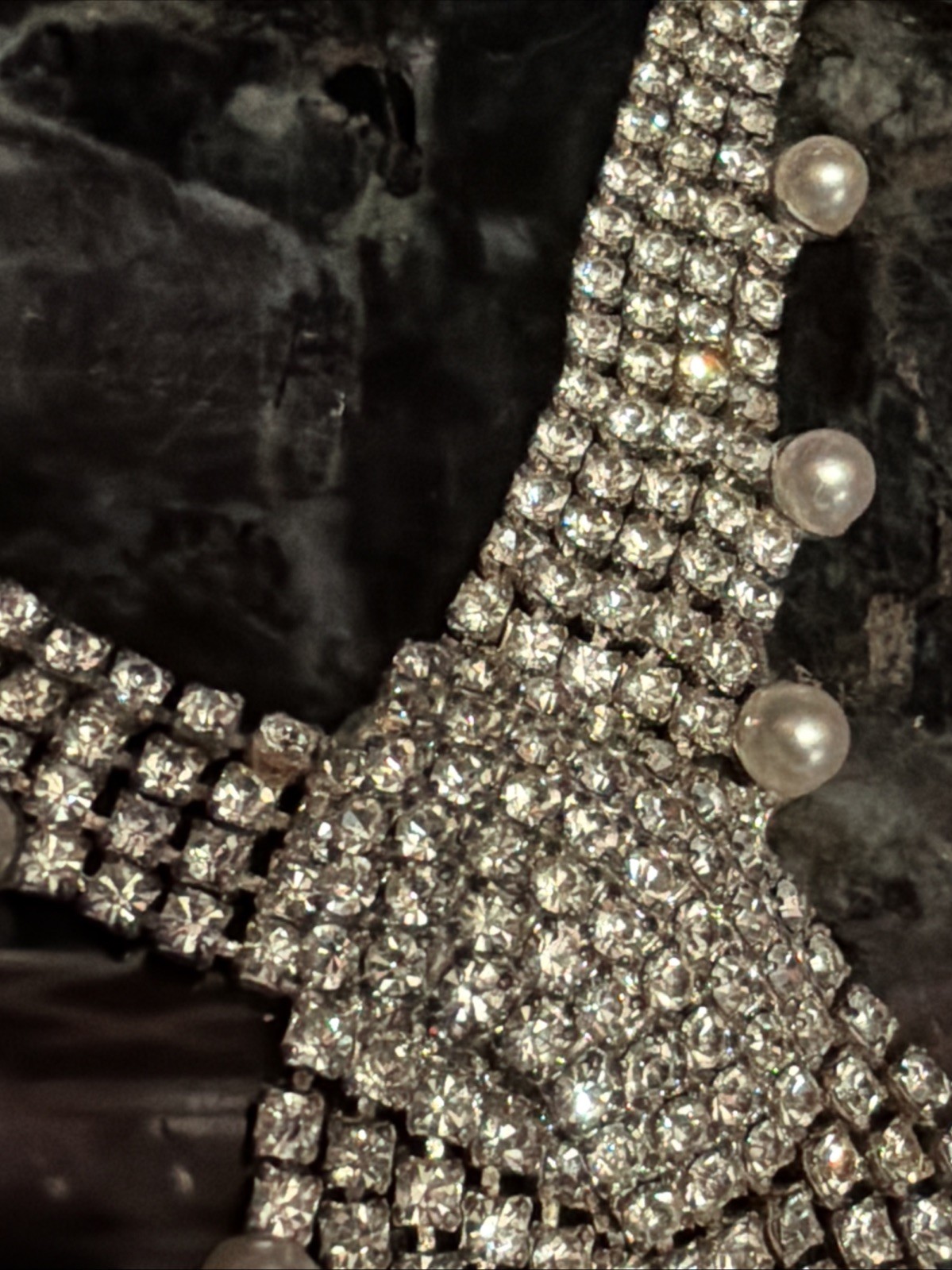Vintage Rhinestone Swirl Glamour Pearl Dangle Necklace High End Costume Jewelry