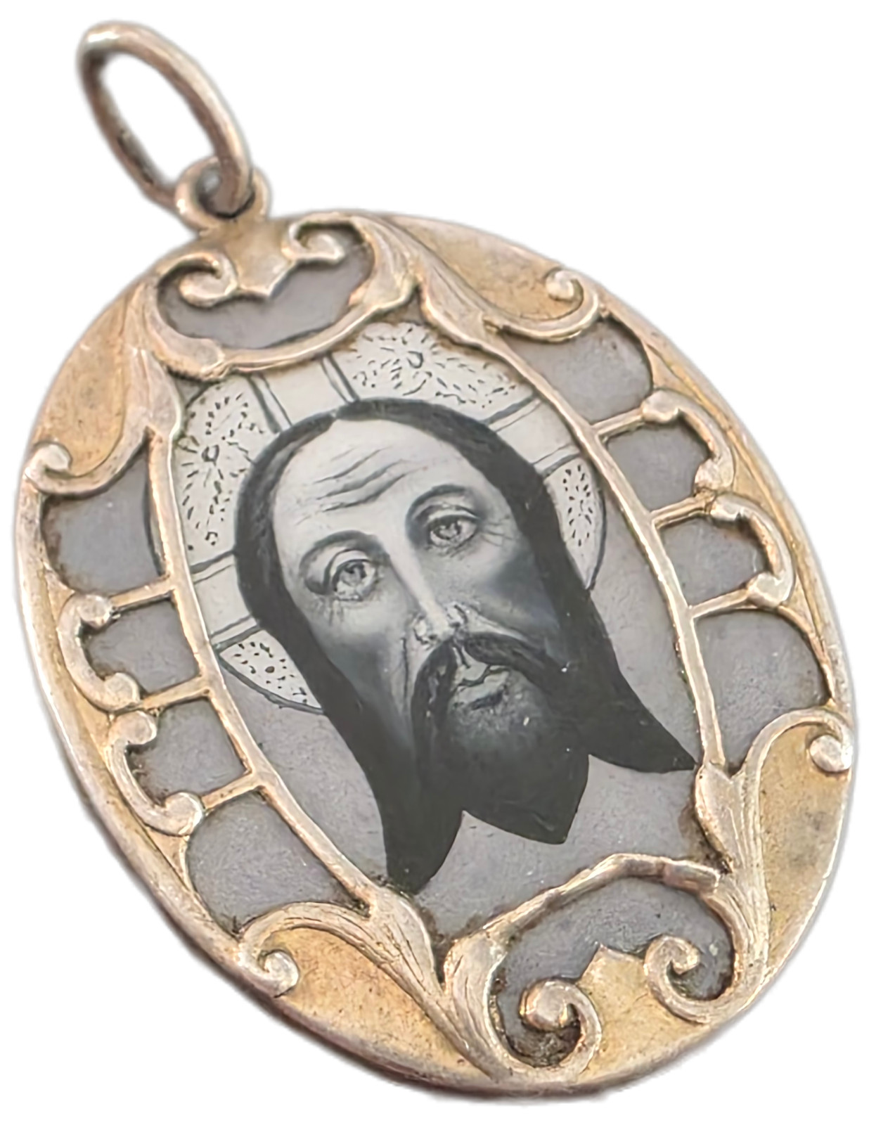 ANTIQUE RELIGIOUS PENDANT WITH THE FACE OF JESUS CHRIST ENAMELED PLAQUE Ca 1900s