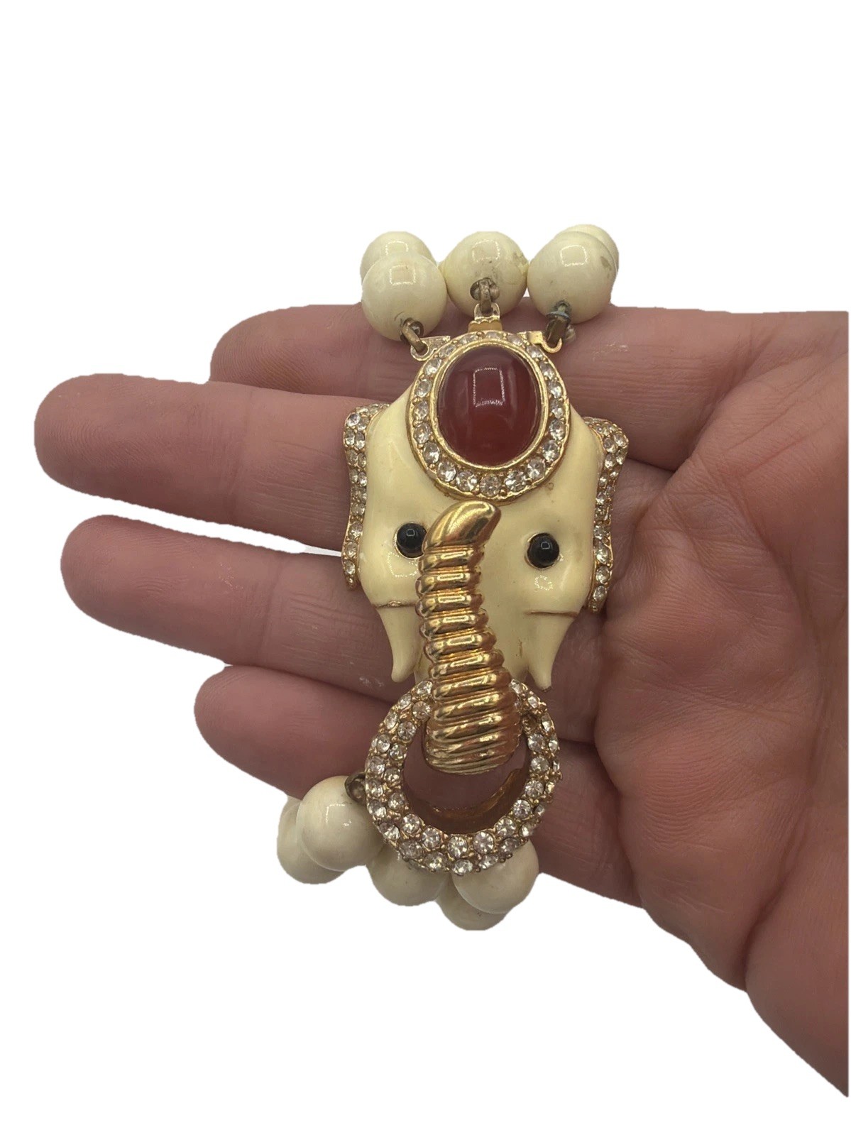 Vintage Ciner Elephant Bracelet Ivory Beads Red Cabochon Gold Tone Rhinestone