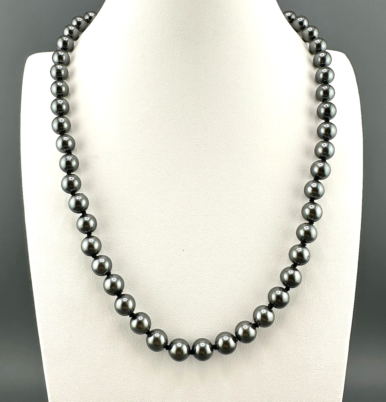Vintage Glass Pearl Necklace Hand Knotted Charcoal Gray Gold Tone Filigree Clasp
