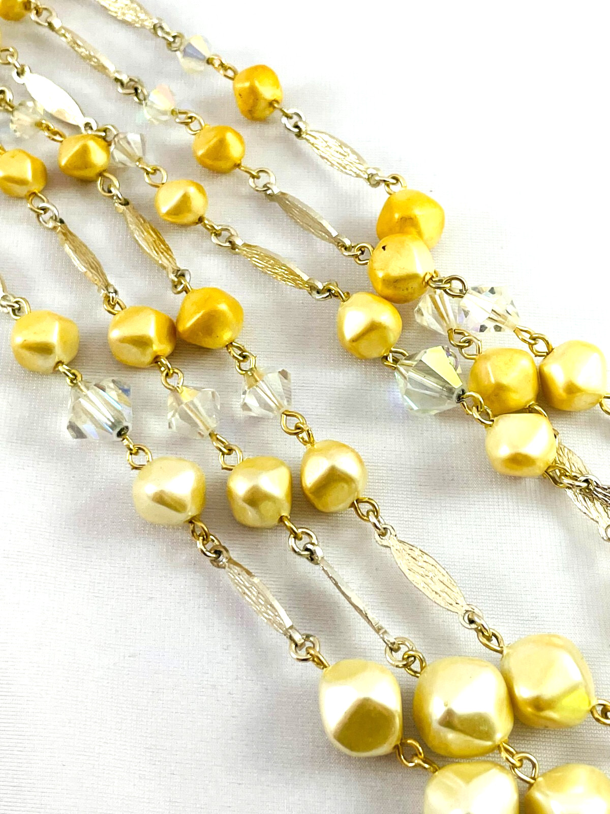 Vtg Multi Strand Faux Pearl Bicone Crystal Silver Tone Necklace Japan