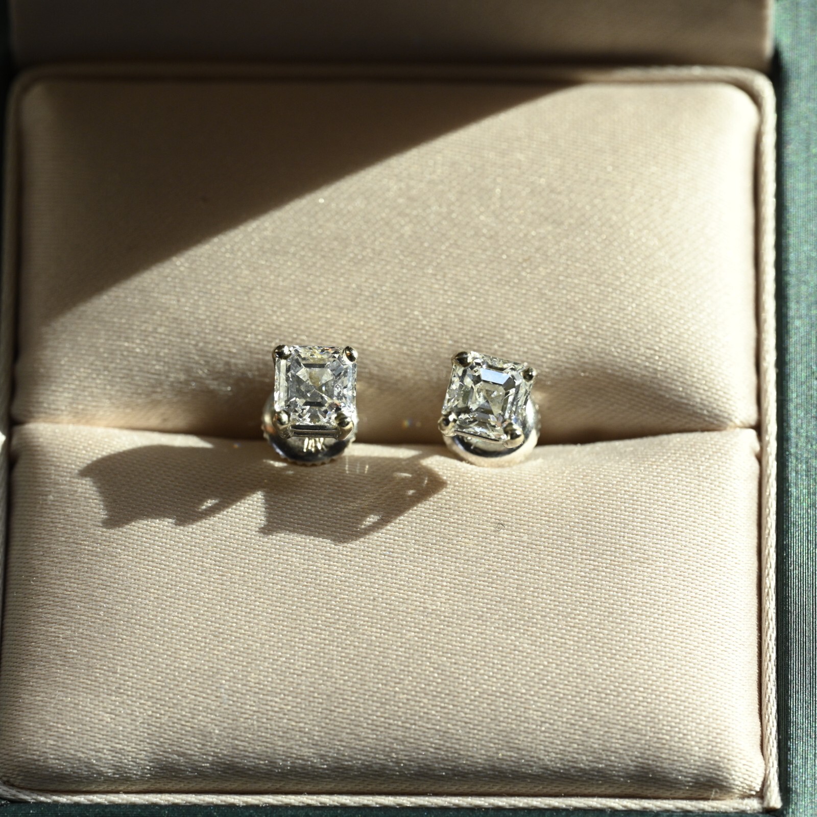 1.52 CTW Diamond Earrings Asscher VS1 E-F Excellent Cut 14k White Screw Stud