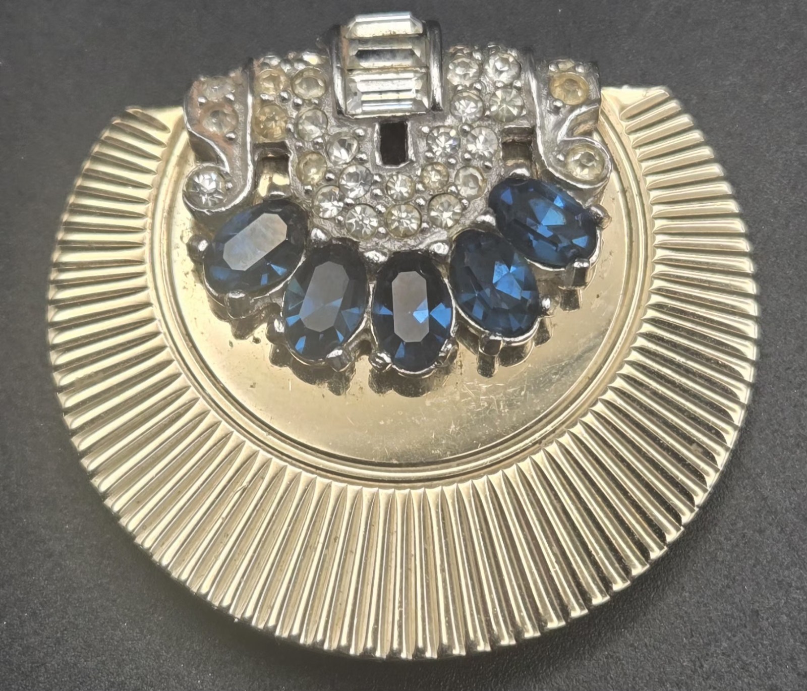 Vintage Signed CIRO Art Deco Dress Clip Brooch Blue Sapphire Rhinestone Ribbed
