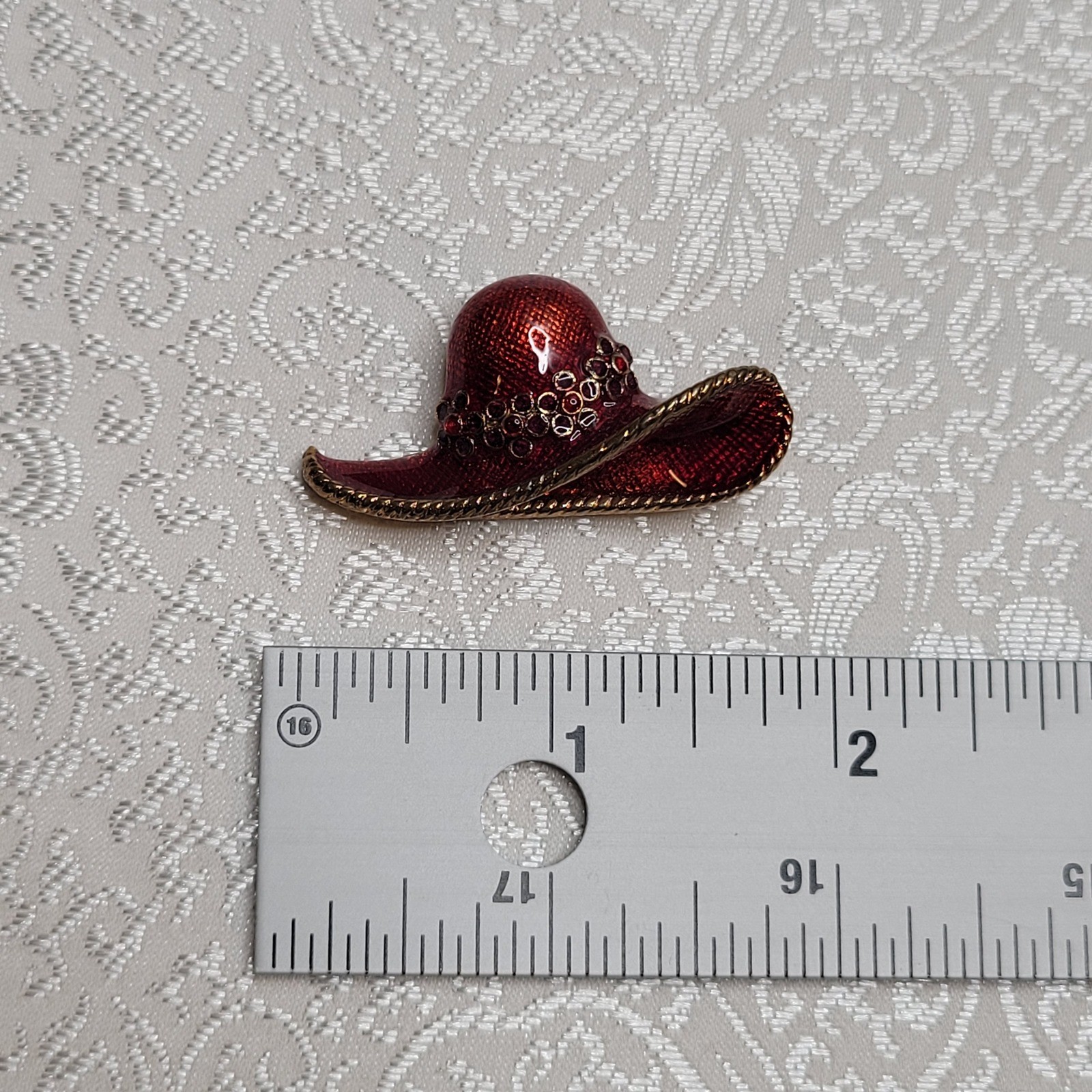 Vintage Gold Ruby Red Hat Society Brooch Enamel Floral Pendant Gift