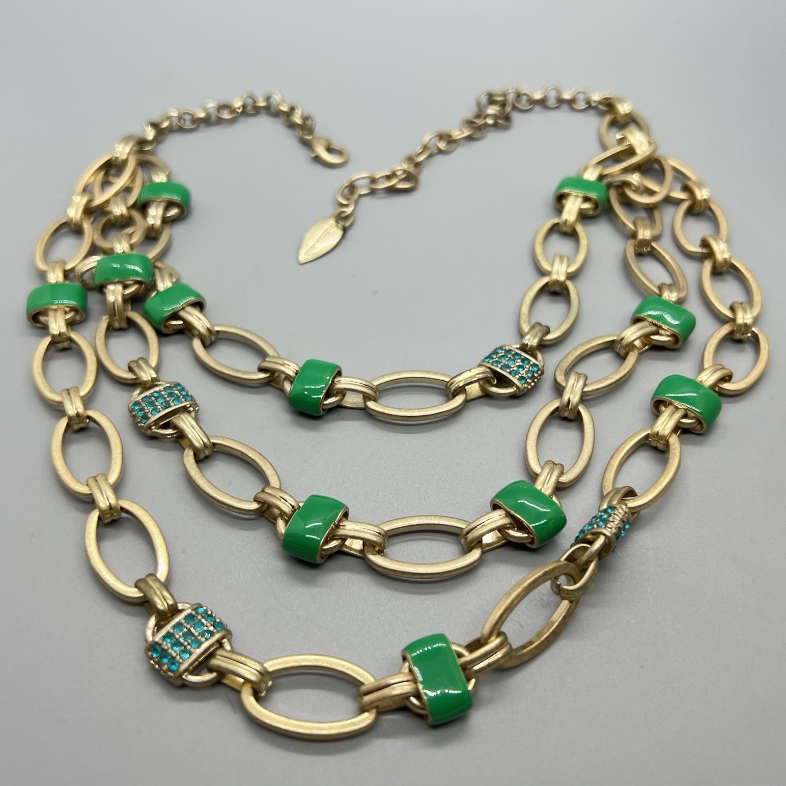 Coldwater Creek Green Enamel Blue Rhinestone Multi Strand Necklace Gold Tone