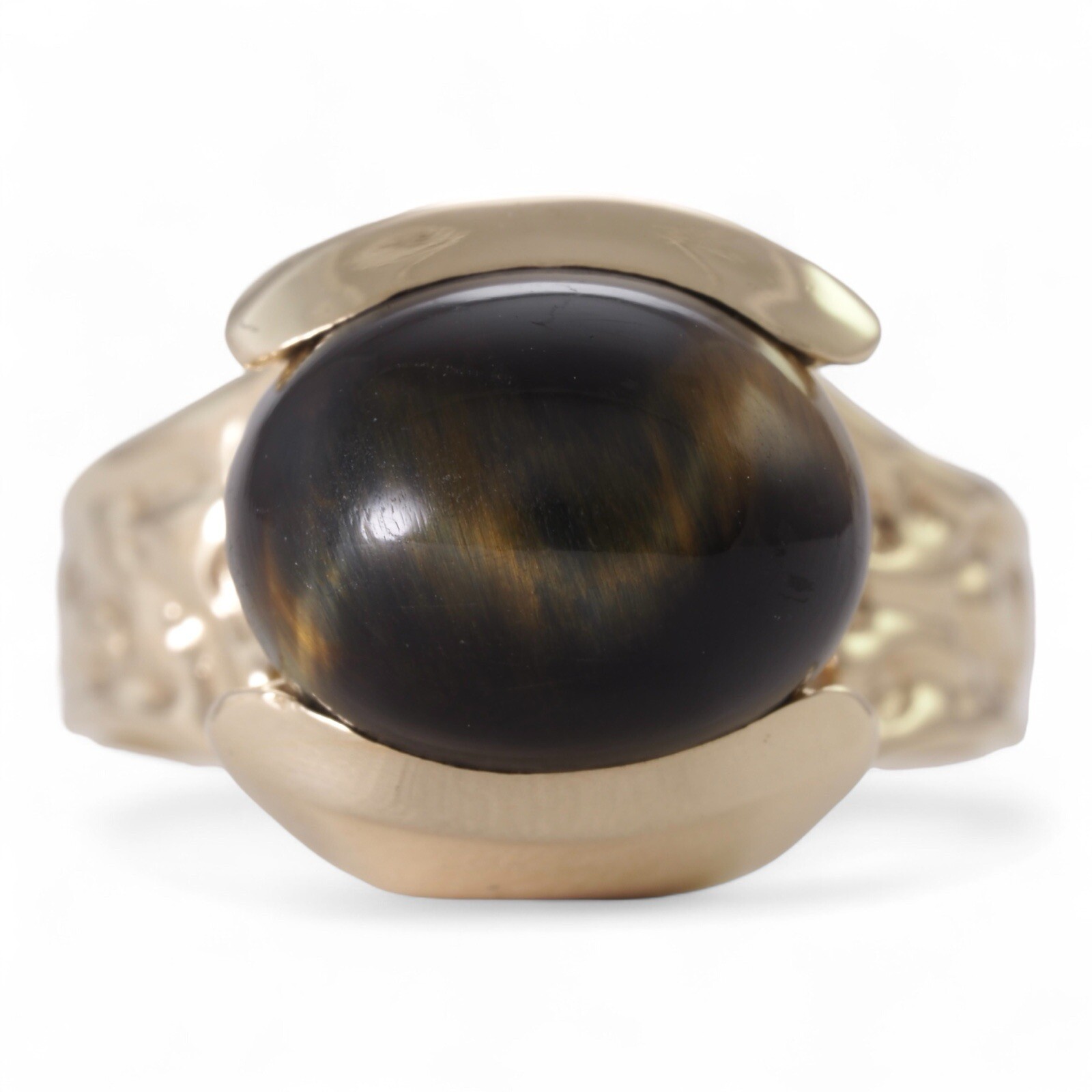 CHATOYANT CABOCHON 1970s 14K Yellow Gold High Set Tiger’s Eye Modernist Ring