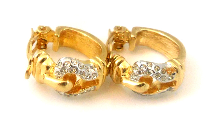Buckle Earrings Clip On Half Hoops Gold Tn Rhinestones Unsigned ESPO Dead Stock