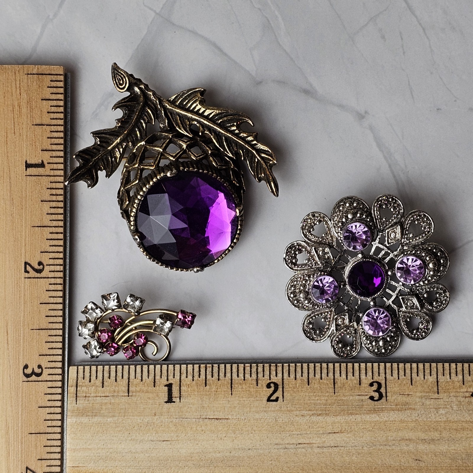 Vintage Gothic Style Filigree Silver Gold Tone Purple Rhinestone Brooch Set of 3