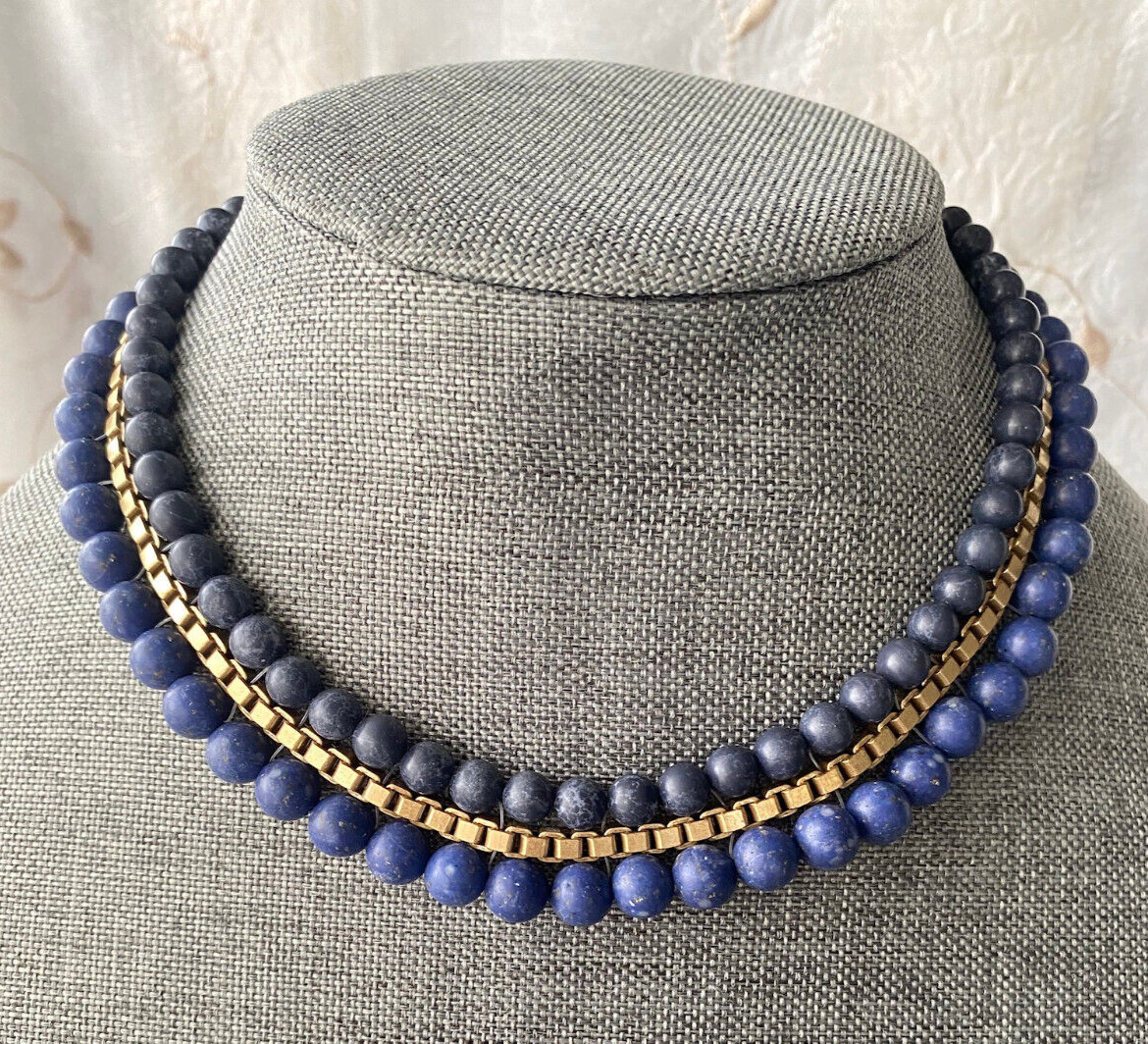 Stella & Dot Matte Dk Blue Color Beads with Gold Link – Approx 15″” NK90