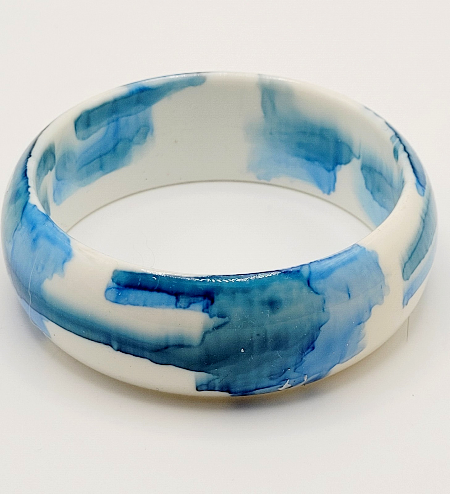 Marbled Watercolor Ink Blot Design Blue White Acrylic Chunky Bangle Bracelet