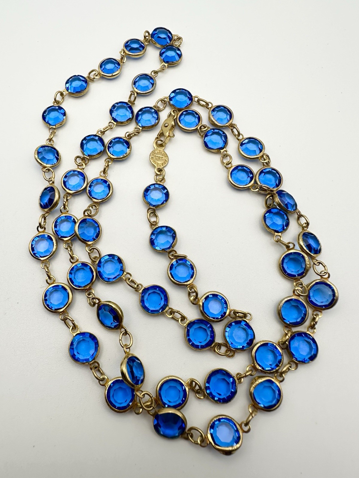 Vintage Austrian Crystal USA Blue Crystal Bezel Necklace 34”Long