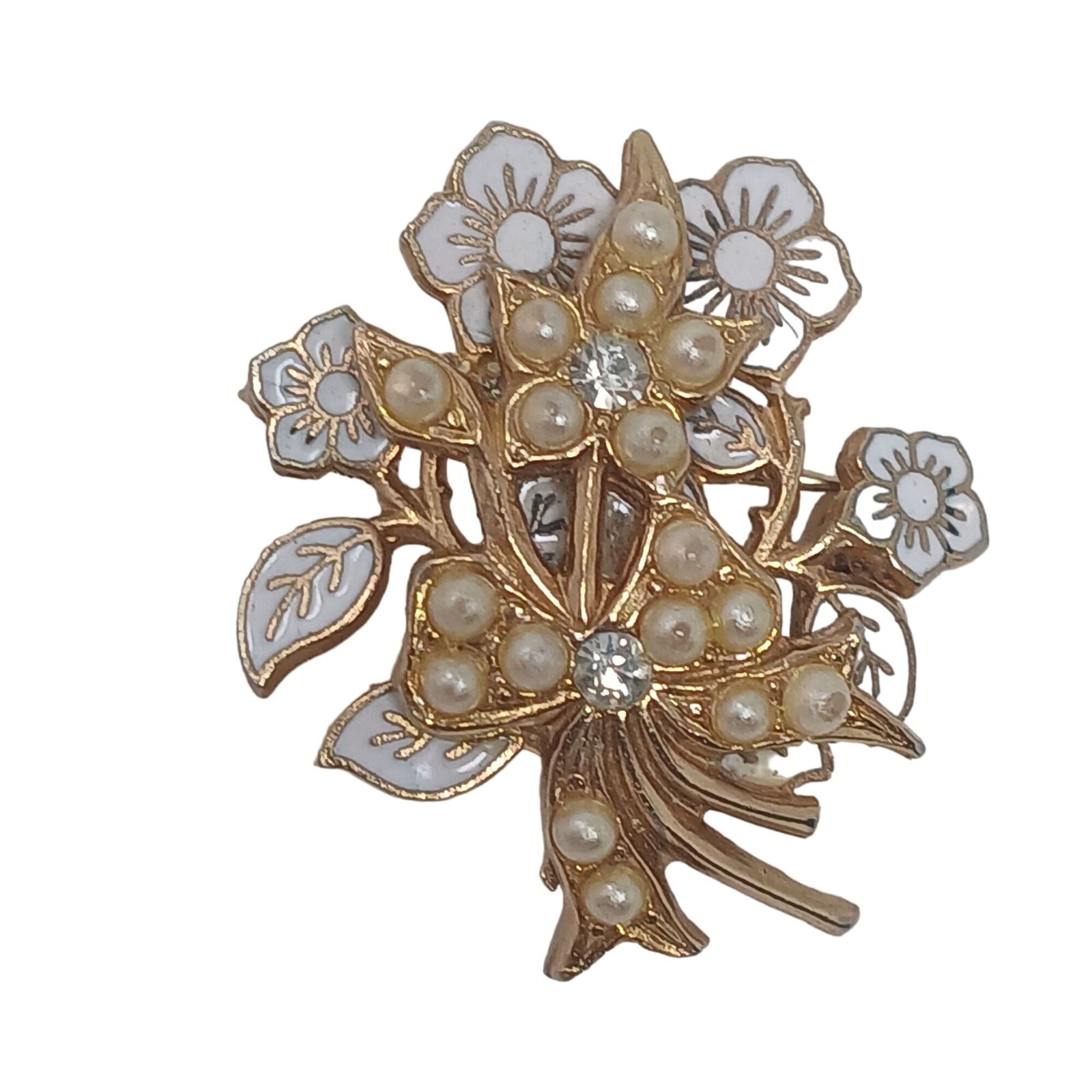 Vintage Floral Brooch Pin Faux Pearls Rhinestones GoldTone Enamel 1.3/8″ #J-8Pu