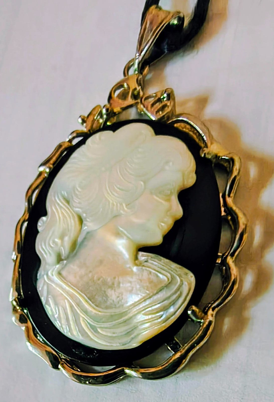 Vintage- style Large Cameo Pendant. White Mother of Pearl Portrait Carved.