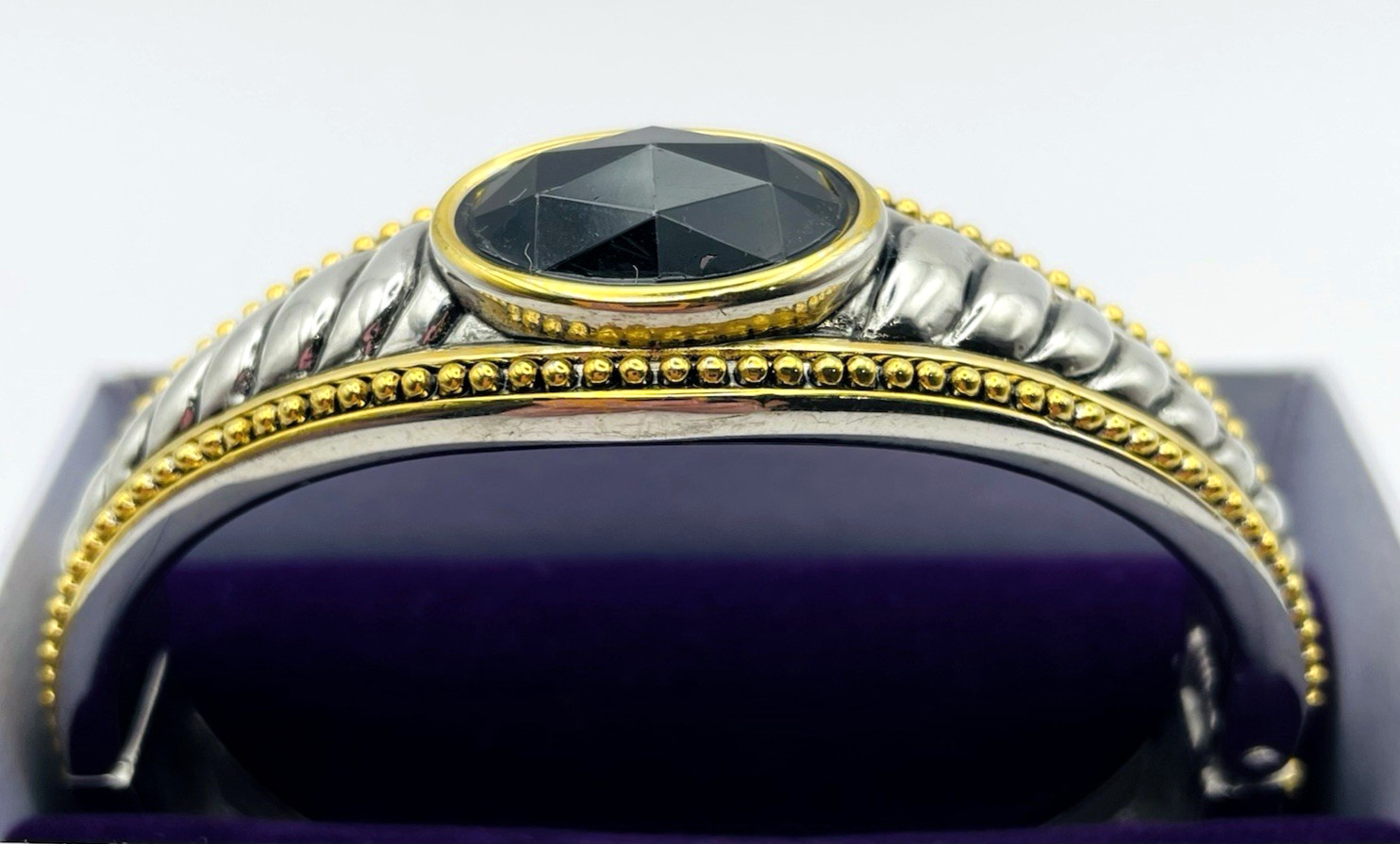 Vintage Silver and Gold Tone Hinged Bangle Bracelet Black Faceted Acrylic Stone