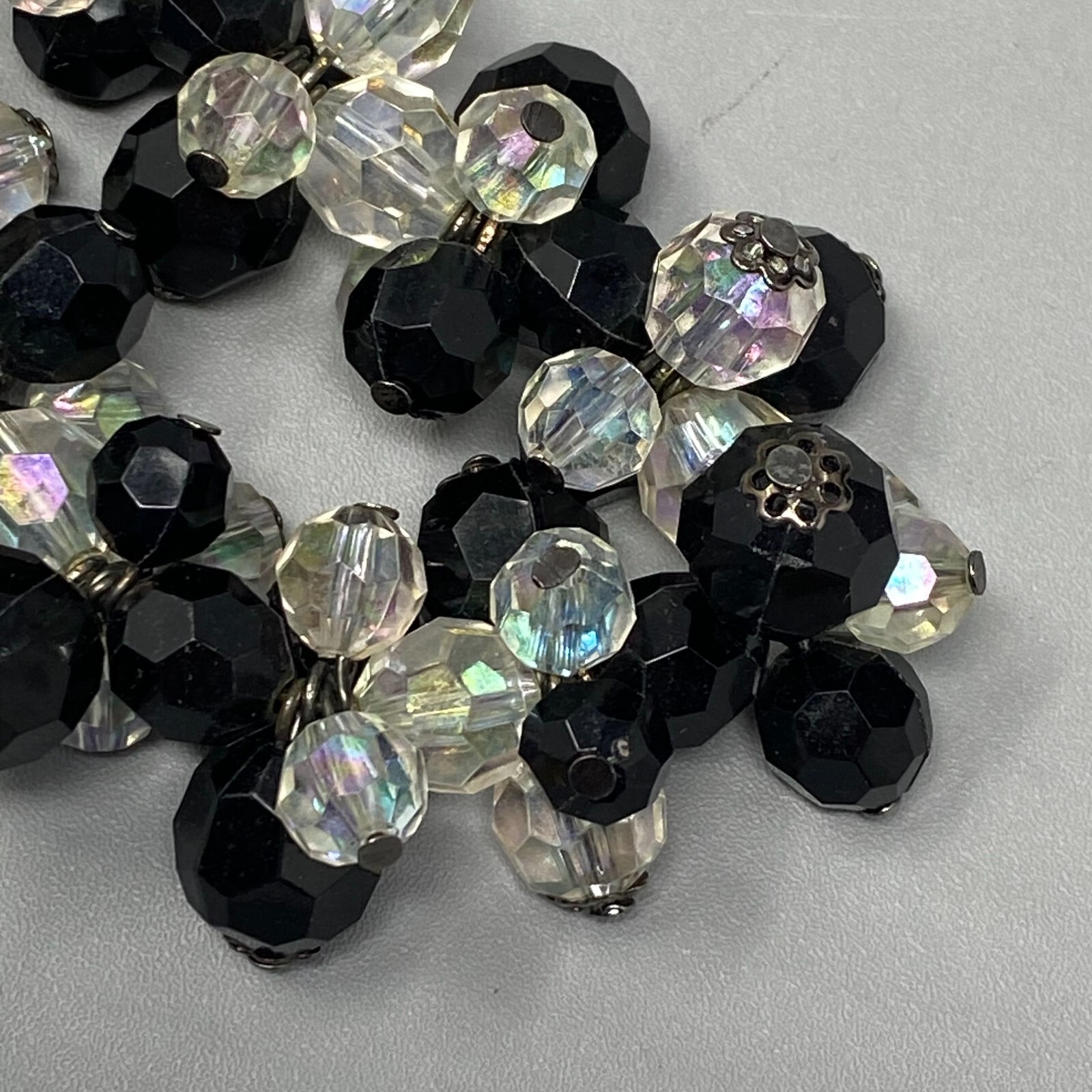 Bead Cluster Bracelet Black Clear Aurora Borealis Acrylic Faceted Stretch 7″