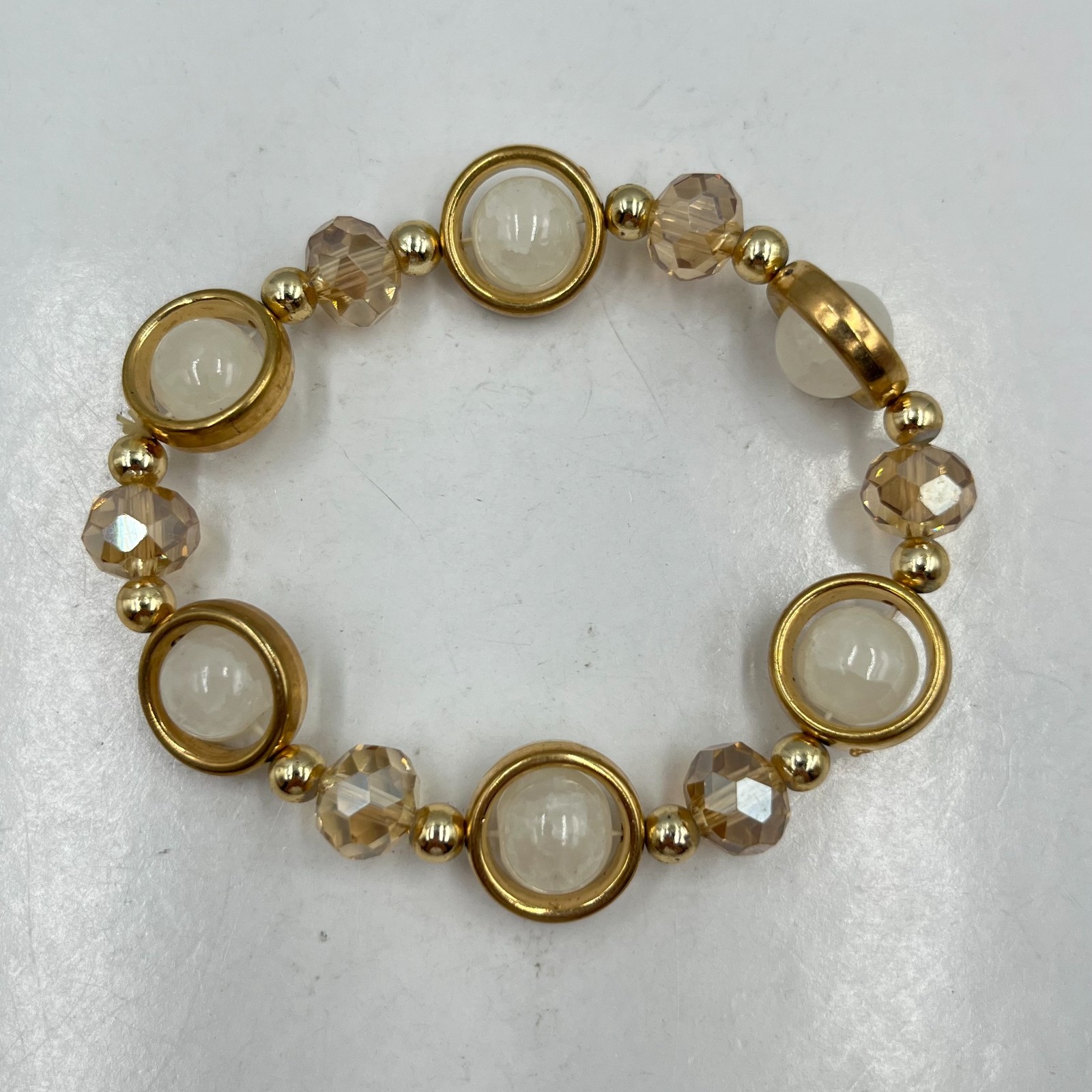 Vintage Gold Tone Halo White Stone Stretch Bracelet Champagne Crystal Retro