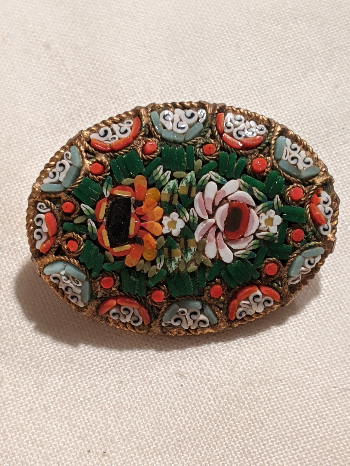 Victorian Micro Mosaic Brooch Signed Made In Italy Pin Floral Bouquet Oval