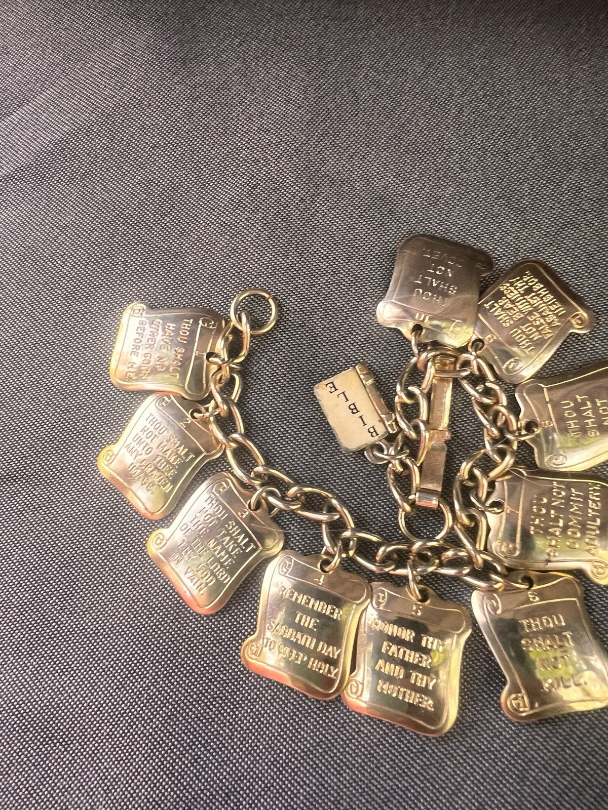 VTG Ten Commandments Charm Bracelet 1950’s Sock- Hop Gold tone Charms W Bible