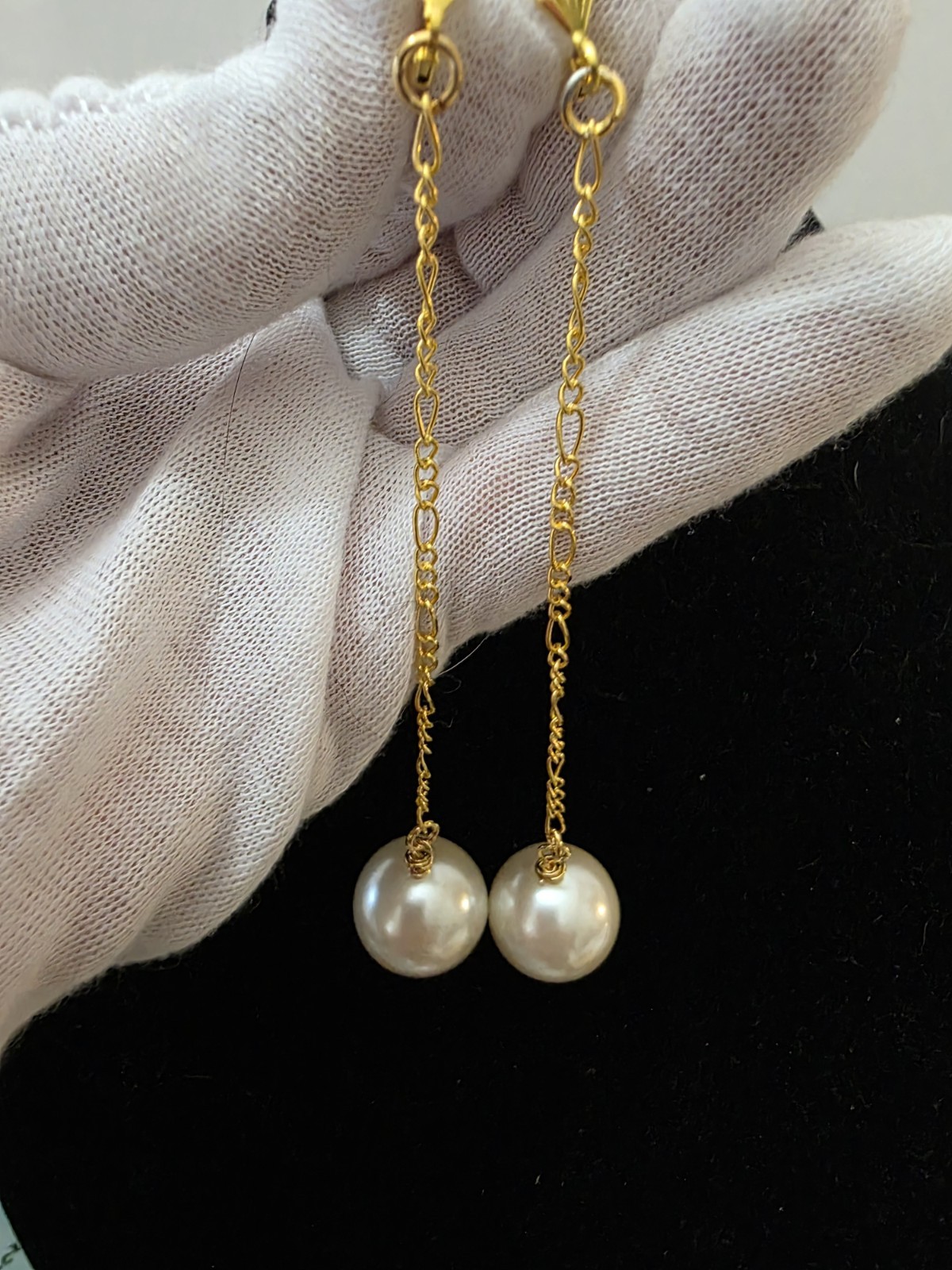 TWIGGY STYLE Ball Drop Dangle with Faux Pearl Long Beaded Earrings 1960s Goldp.