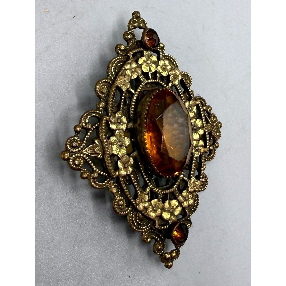 Vintage Brass Filigree Amber Glass Floral Brooch Victorian Revival Pin