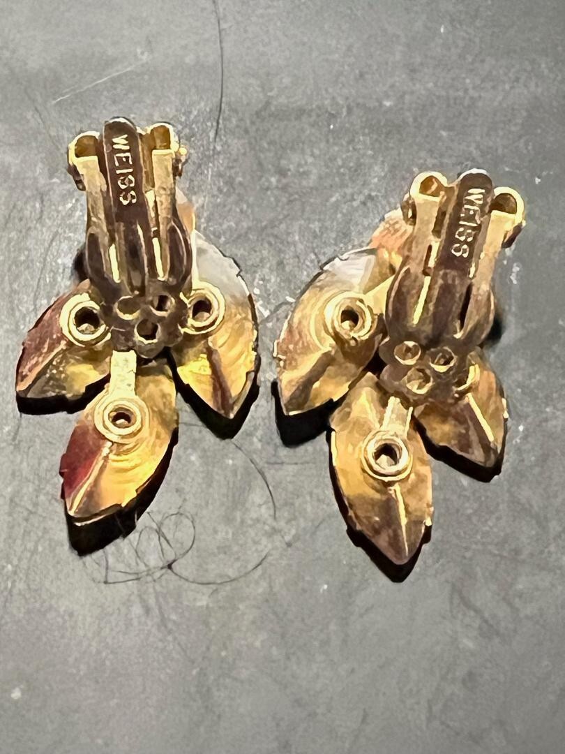 Vintage Signed Weiss Leaf Rhinestone Orange Fall Colors Clip On Earrings