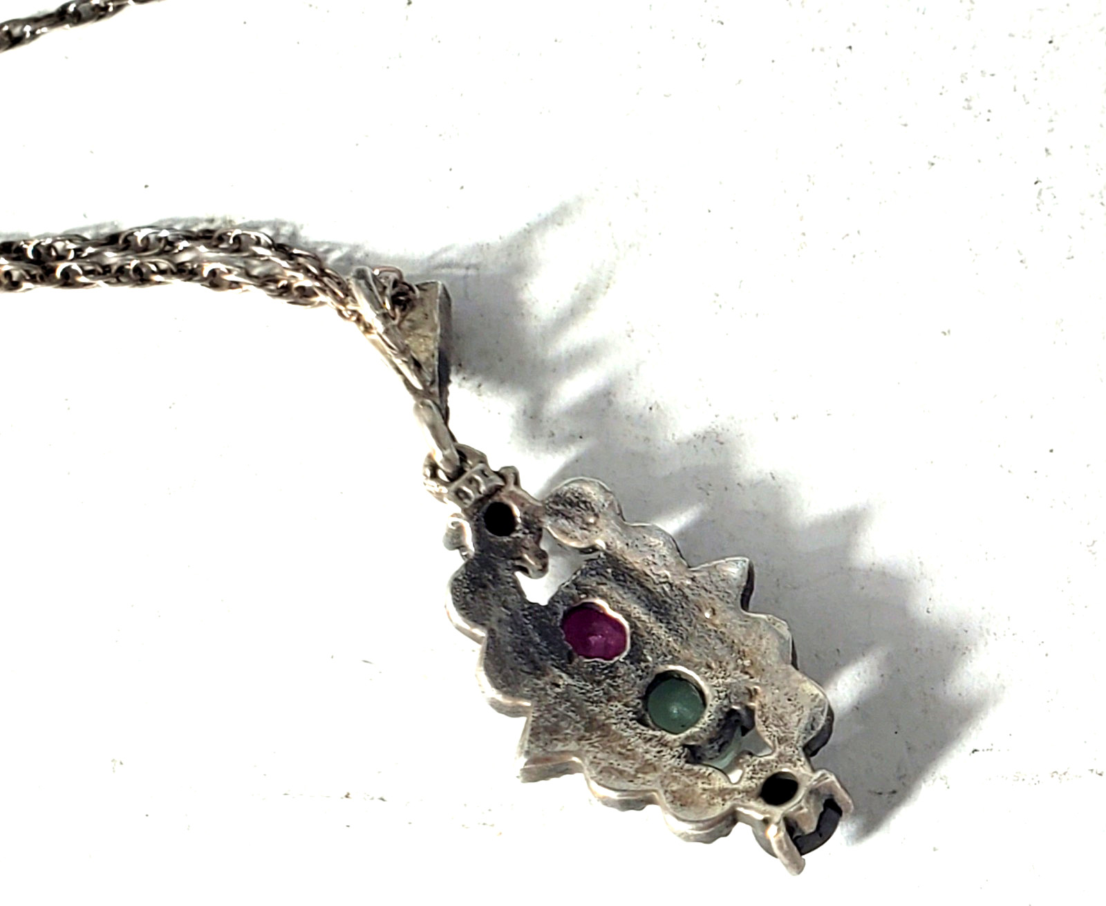 Vtg Sterling Silver Ruby Emerald Sapphire w Marcasites Pendant Necklace Lot 18″