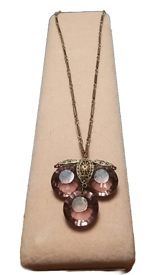 Art Deco Necklace, Purple Paste Glass, Silver & Brass Filigree, 18 Inch Chain