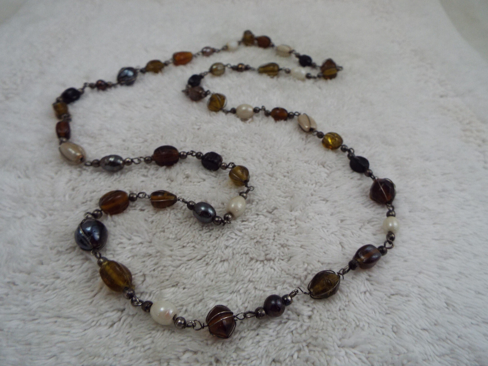 Gunmetal Amber Cream Black Glass Bead Chain Necklace (C61)