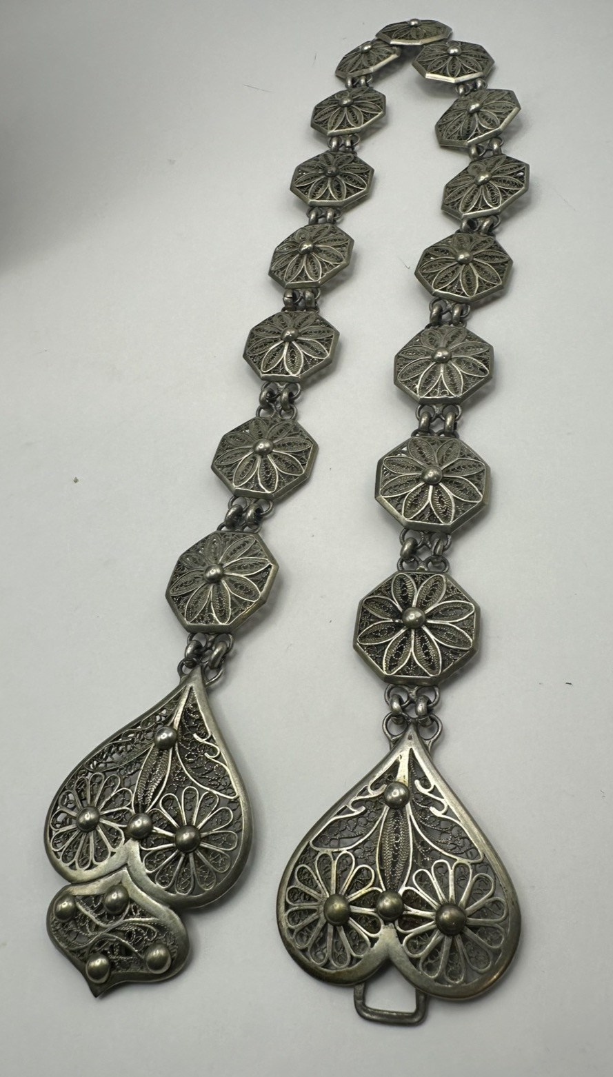 Antique 800 Silver Filigree Necklace Hearts Flowers Front Close English Hallmark