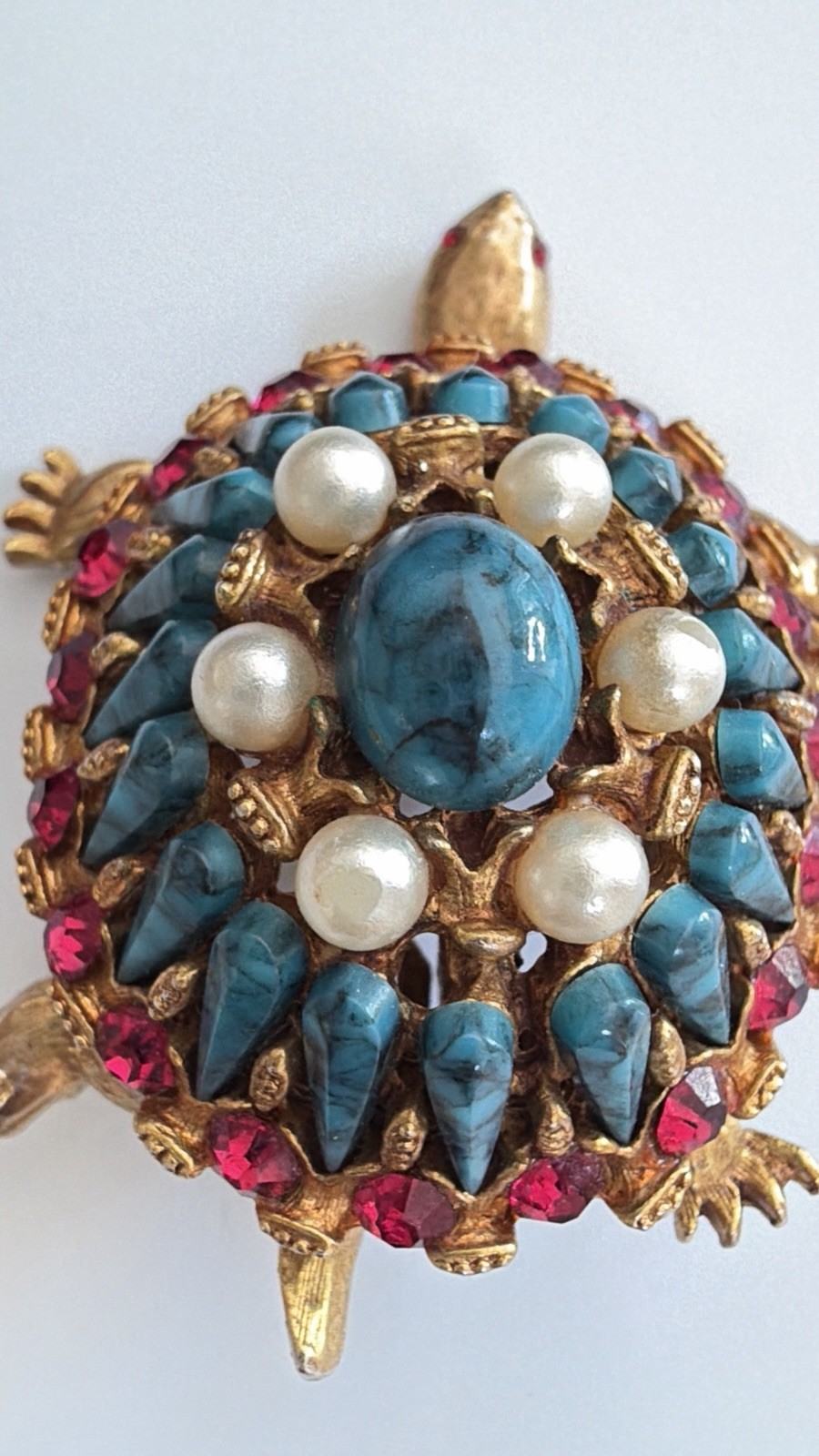HAR Turtle Brooch Pin Rare Mid Century Turquoise Tiered Rhinestone Statement!!