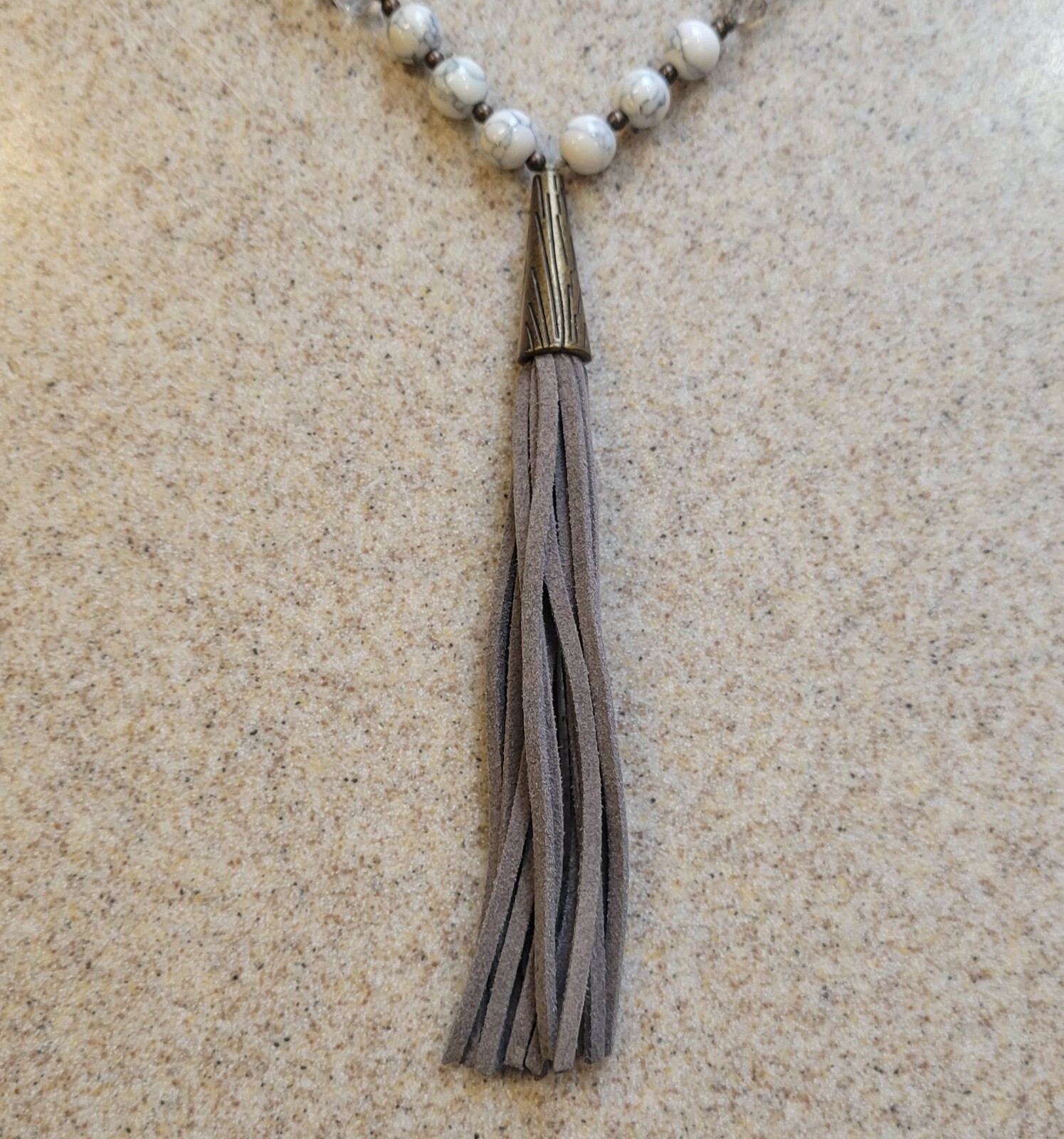 Gray Leather Tassels And Brass Pendant On Braided Beaded 32in Cord Necklace