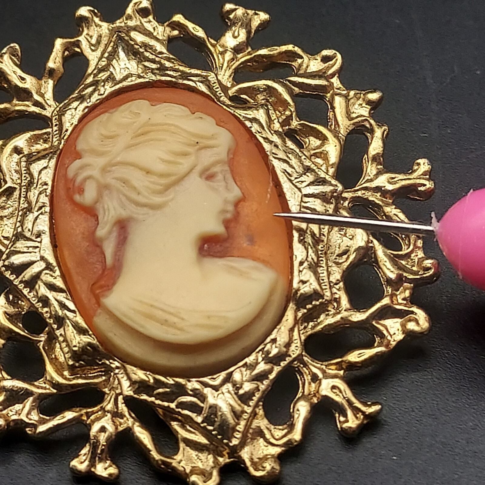 Vintage Cameo Brooch Orange Cream Gold Tone Lady HEad Portrait