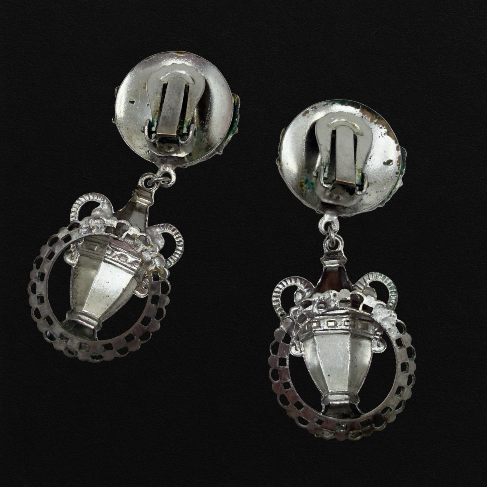 Vintage 🖤 EGYPTIAN REVIVAL 🖤 Silver Floral URN GREEK GODDESS Dangle Earrings