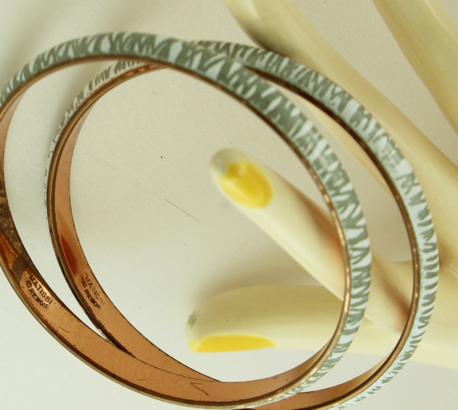 Matisse Renoir Enameled Copper Bangle Bracelet Pair Signed; Book Reference