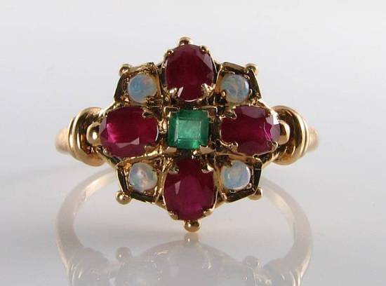 9CT 9K GOLD EMERALD RUBY OPAL CLUSTER ART DECO INS RING FREE RESIZE