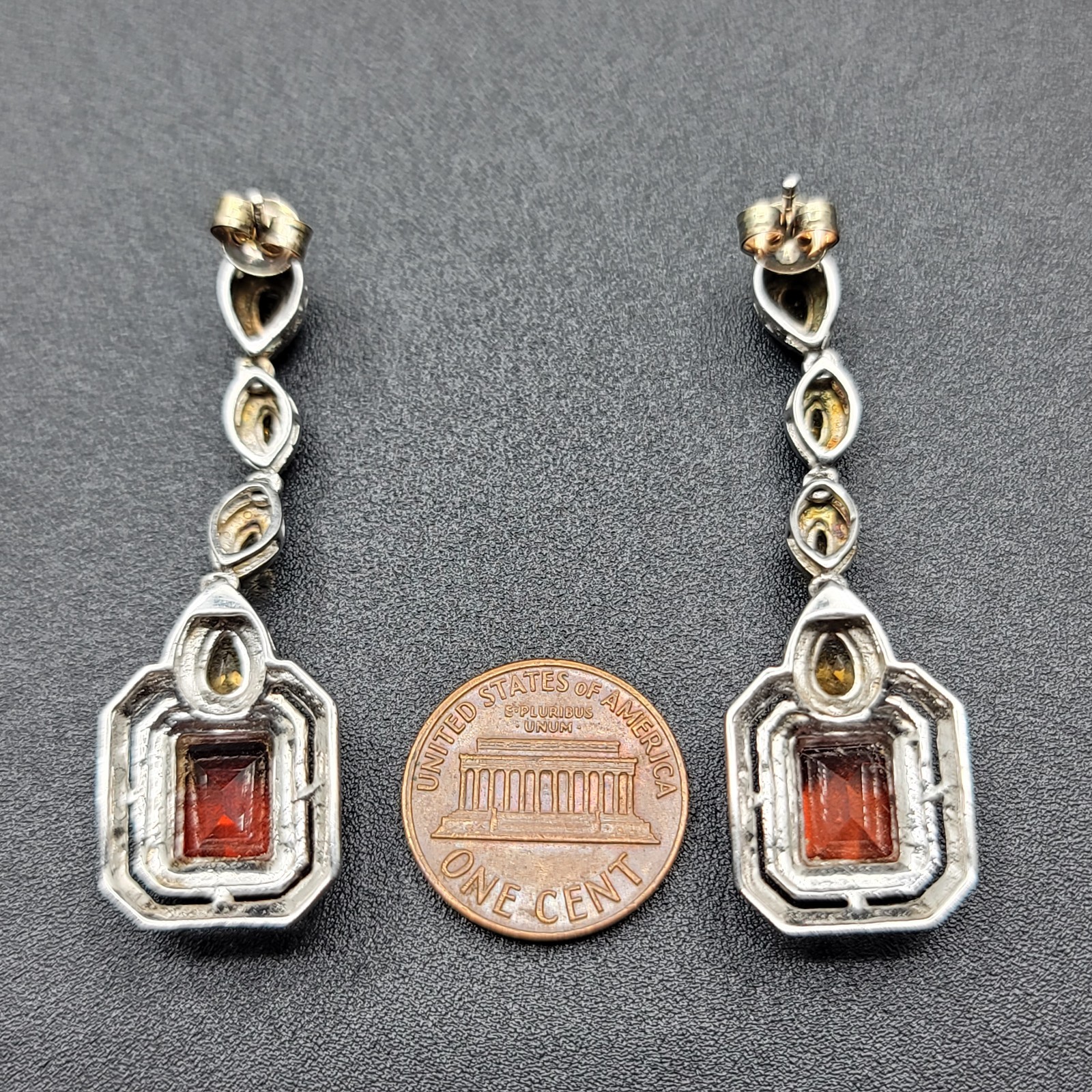 Vtg 925 STS Sterling Silver/Citrine Art Deco Pierced Post 2″Dangle Drop Earrings