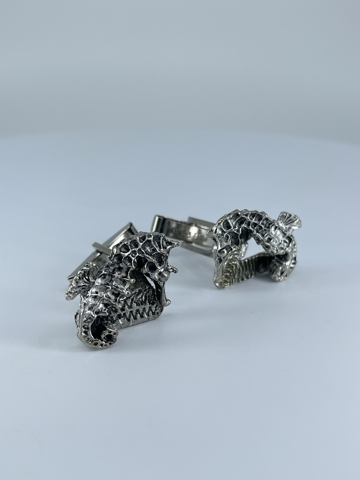 Vintage Seahorse cufflinks silver tone with black enamel accents 1-1/8″