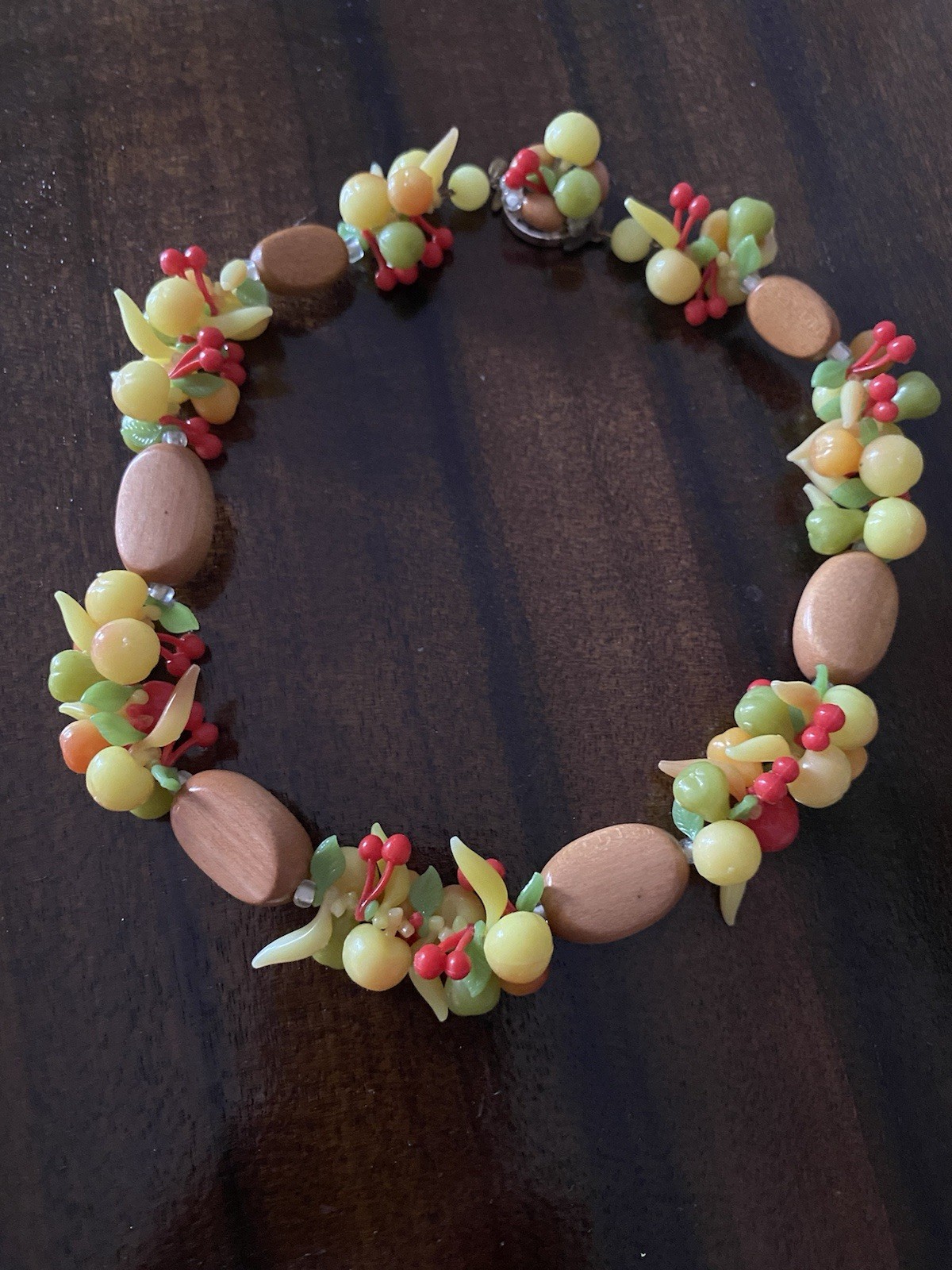 Mid Century Wood And Lucite Fruit Salad Necklace- West German