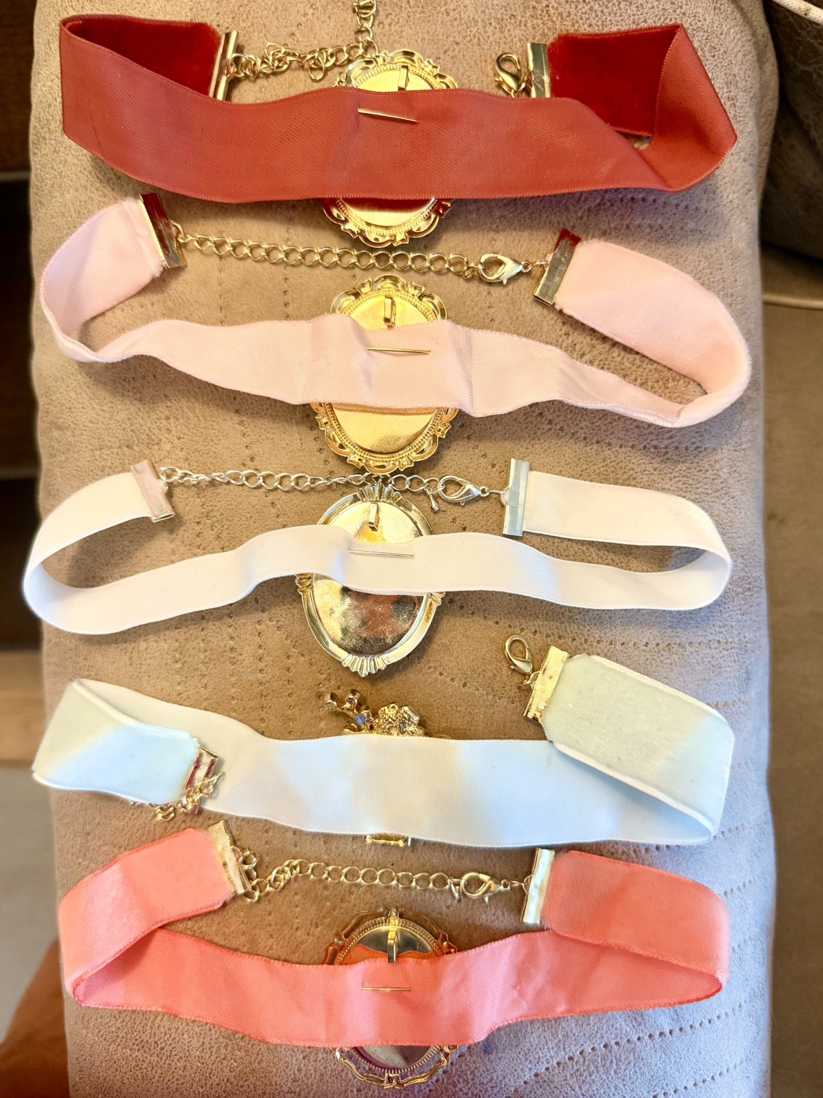 5 VELVET CHOKER LOT! Vintage Necklace, Pink Blue White Brown Coral Cameo ANTIQUE