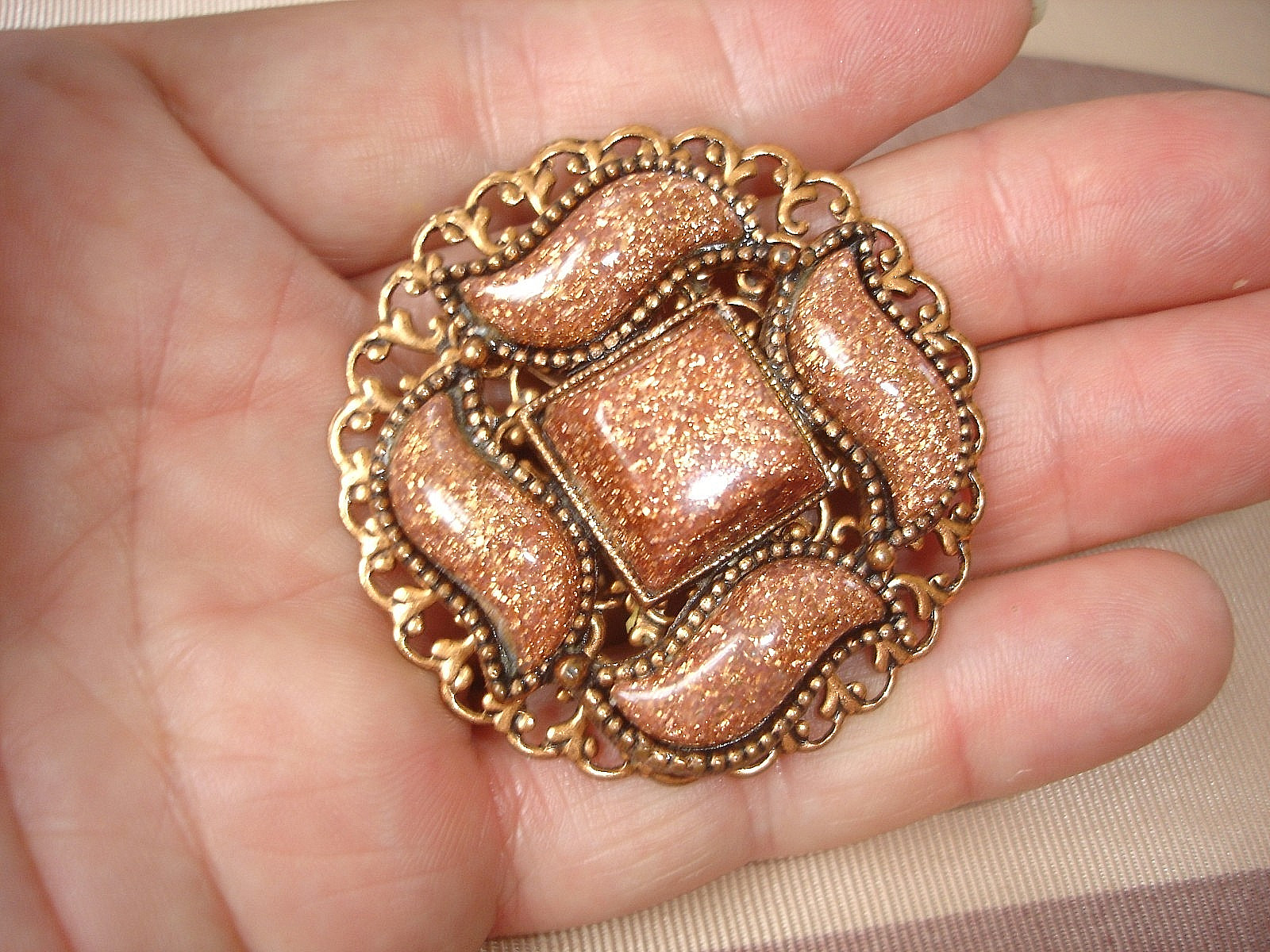 Vintage Lovely Almost 2 Inch Round Filigree Copper Sparkly GOLDSTONE Pin Brooch
