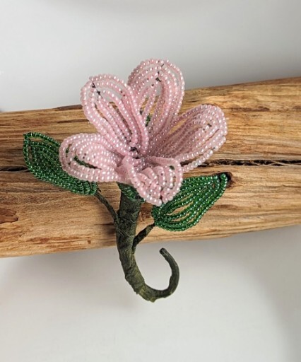 Vintage Handmade PINK Petal Seed Bead Flower Brooch 3¾” Pin GREEN Leaves Stem