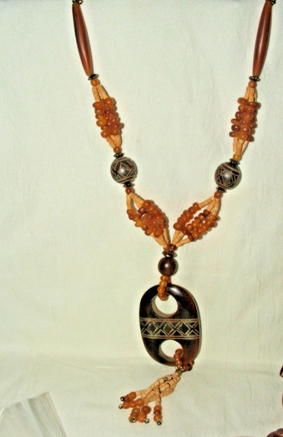6 pc Vintage Wood Carved Safari Theme Jewelry Collection in Browns Black & Beige