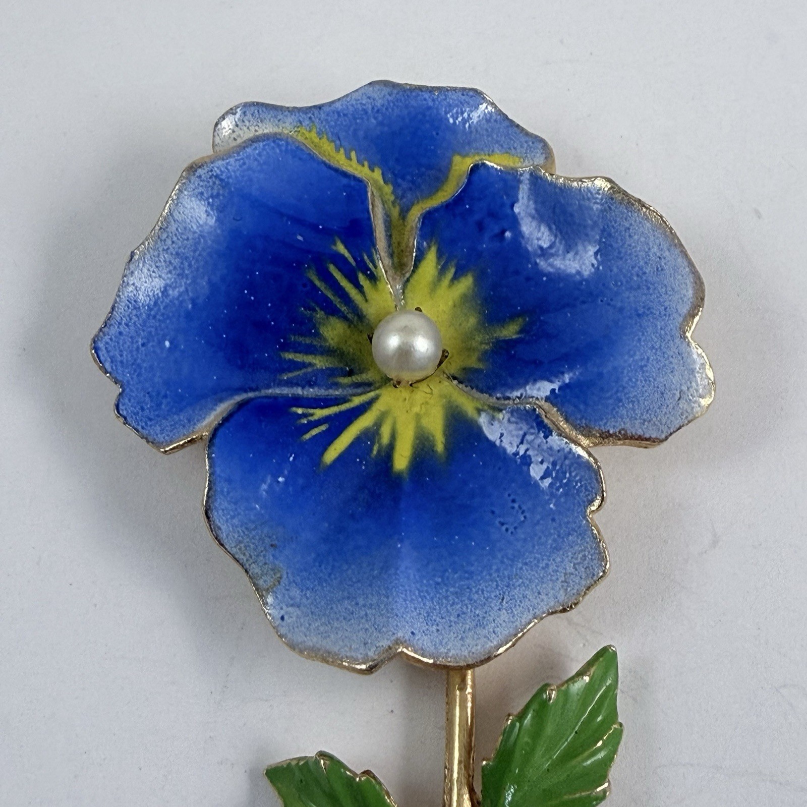 Vintage Blue & Yellow Enameled Faux Pearl Pansy Flower Brooch Gold Tone