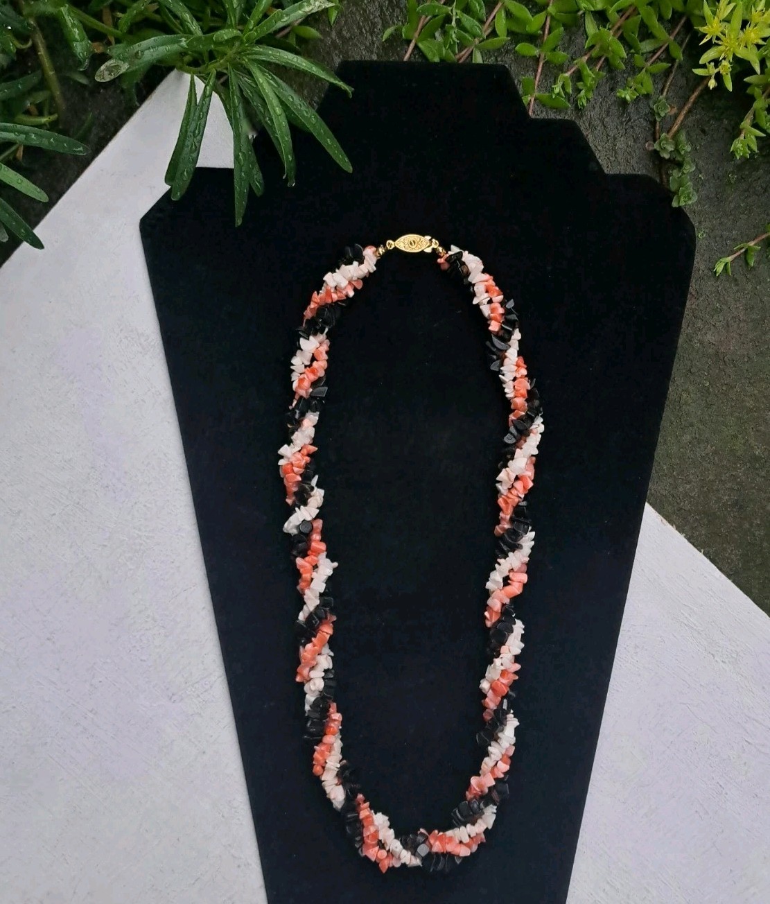 Gorgeous Pink Angelskin/Black/White Coral Necklace 19″ w/ Antique Fishhook Clasp
