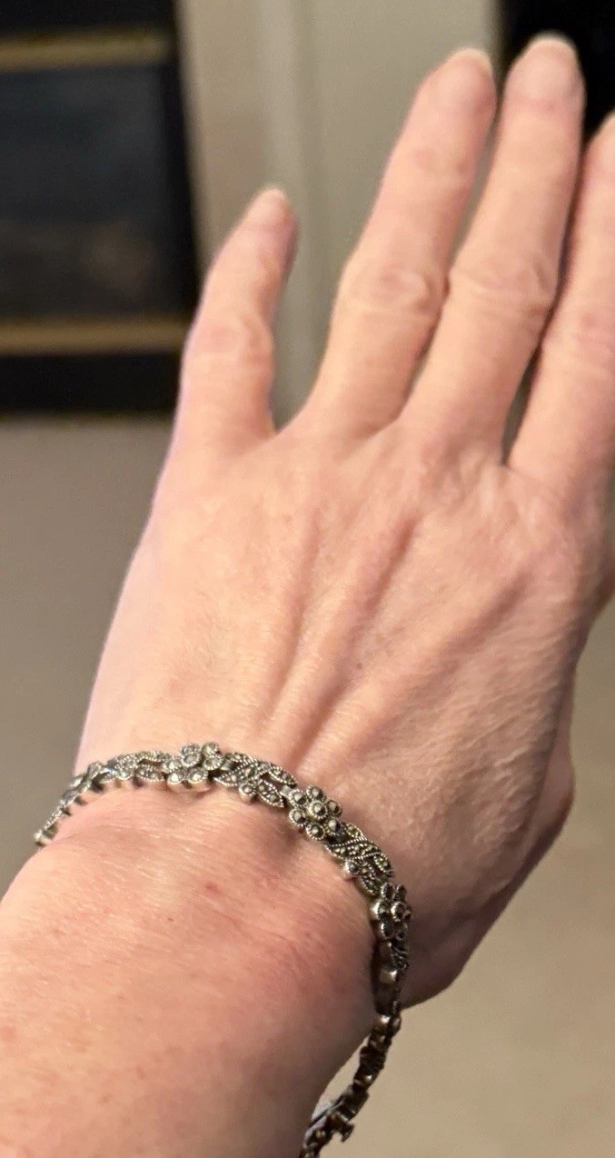 Vintage Signed DBJ 925 Sterling Silver Marcasite Floral Link Bracelet 17.4g QVC