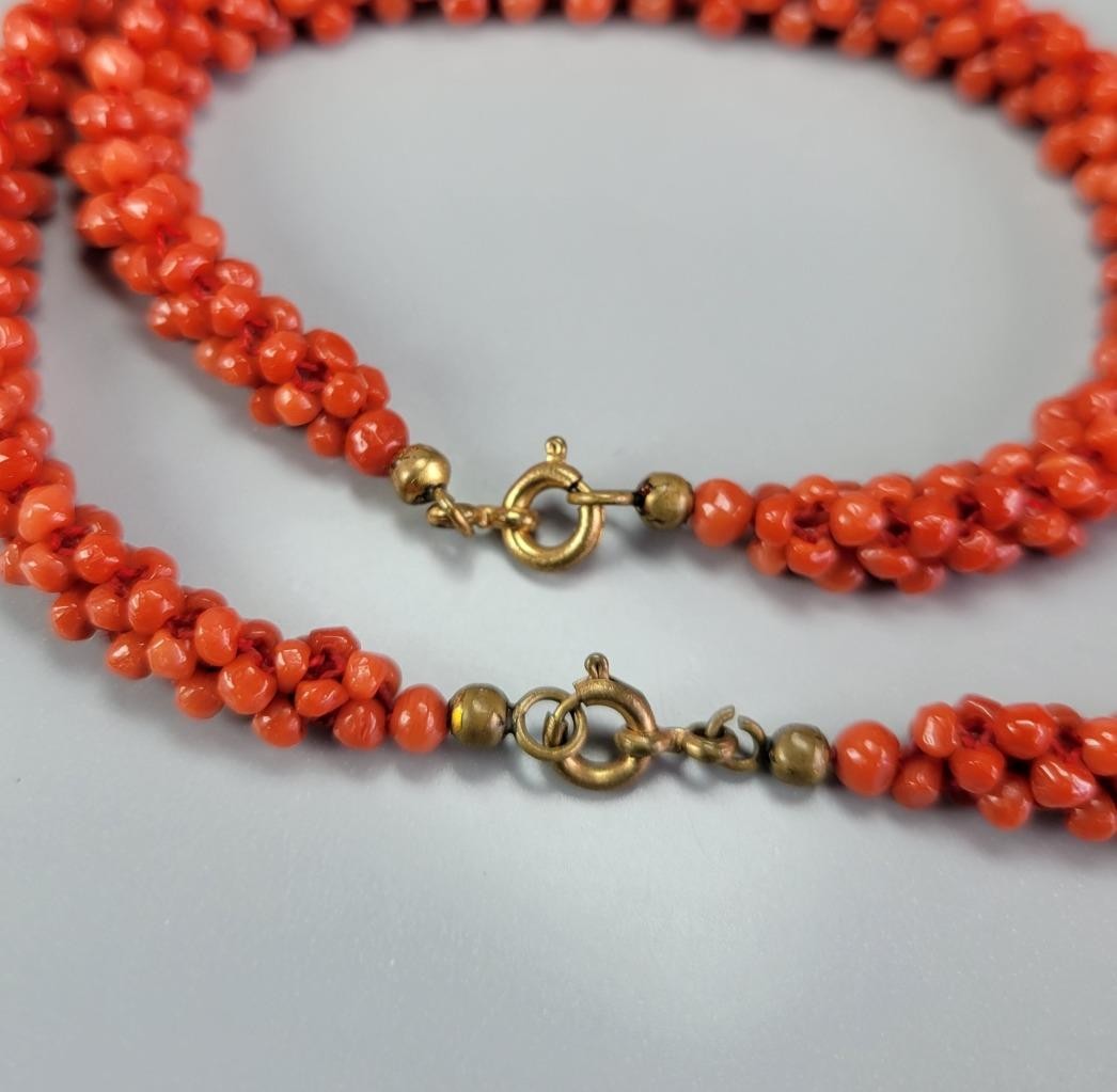Vintage Necklace + Bracelet Set Braided Red Mediterranean Coral Beads