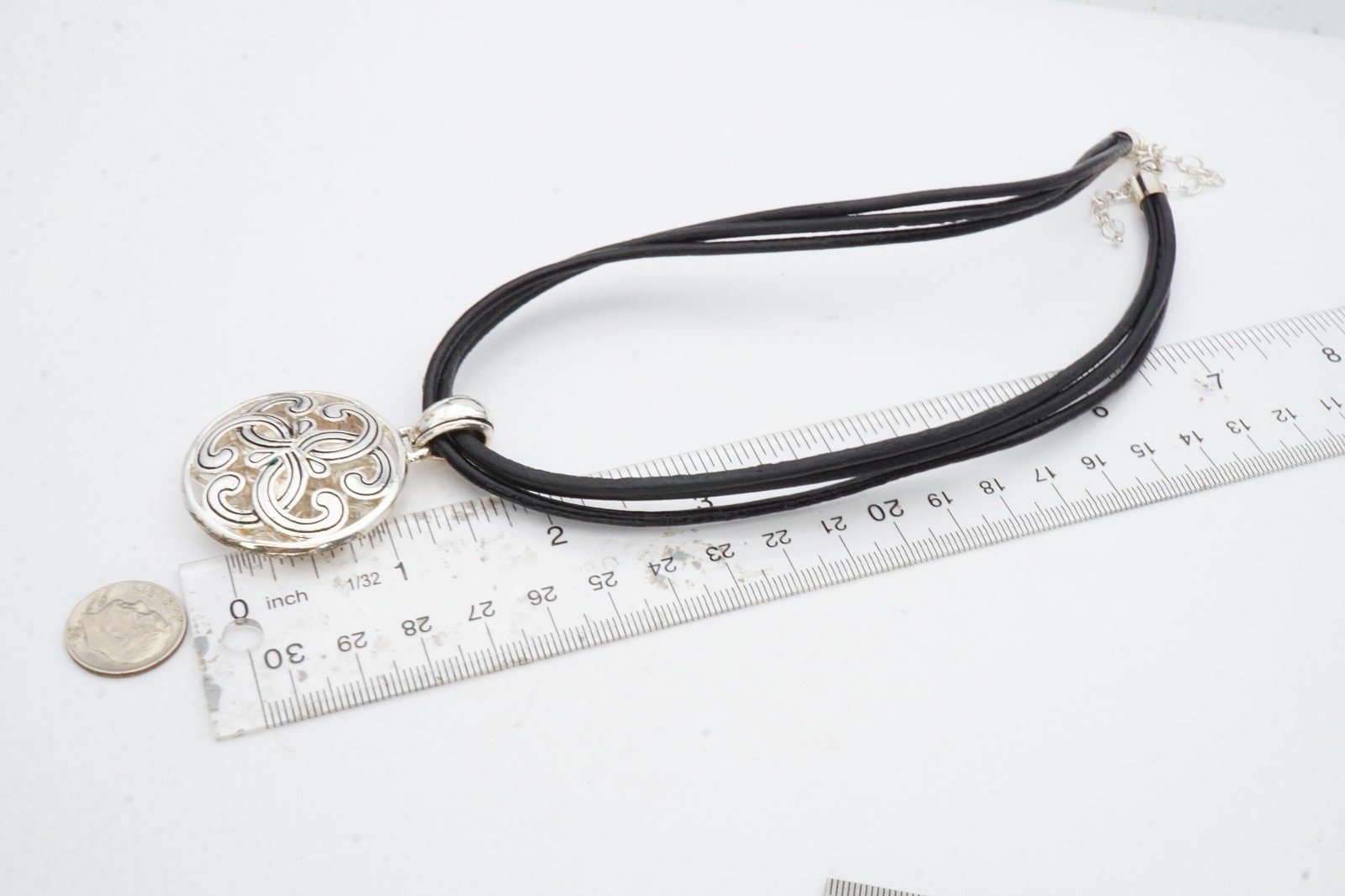 Vintage Necklace Silver Tone Black Leather Cord 18″